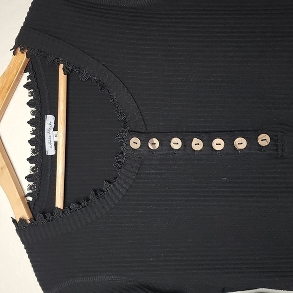 White Birch - Long Sleeve Solid Rib Knit Lace Trim Button Up Henley Top - Picture 4 of 8